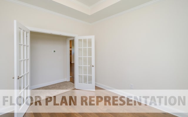 empty room featuring carpet flooring, french doors, baseboards, and ornamental molding