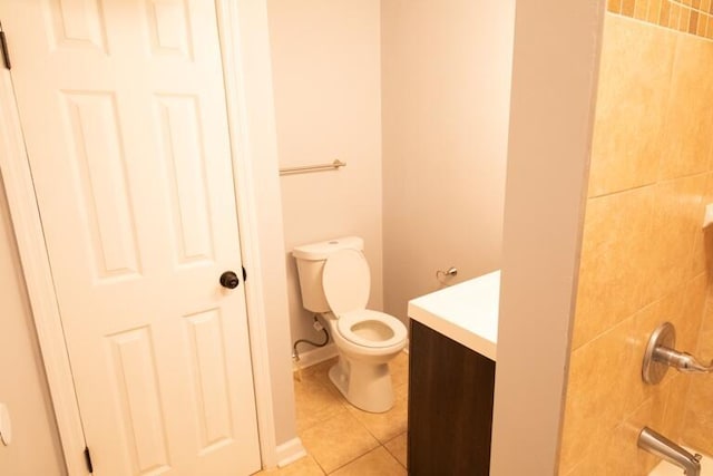 full bathroom with toilet, tile patterned floors, vanity, and a shower