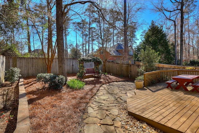 view of yard featuring a fenced backyard and a wooden deck