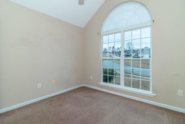 unfurnished room with lofted ceiling and carpet floors