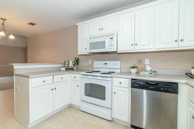 kitchen with white cabinetry, kitchen peninsula, decorative light fixtures, white appliances, and ornamental molding