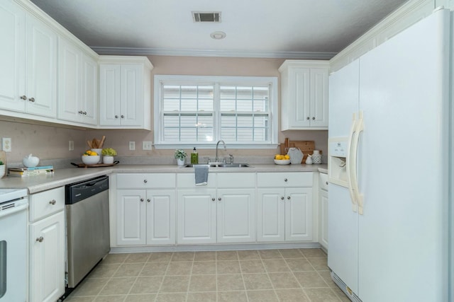 kitchen featuring dishwasher, white refrigerator with ice dispenser, sink, ornamental molding, and white cabinetry