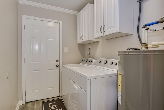 421 Bristol Rd, Martinez, GA 30907 - laundry room featuring water heater, independent washer and dryer, cabinet space, crown molding, and light wood-style floors