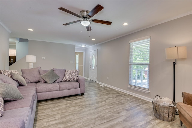 421 Bristol Rd, Martinez, GA 30907 - living room with crown molding, light wood-style floors, ceiling fan, and recessed lighting