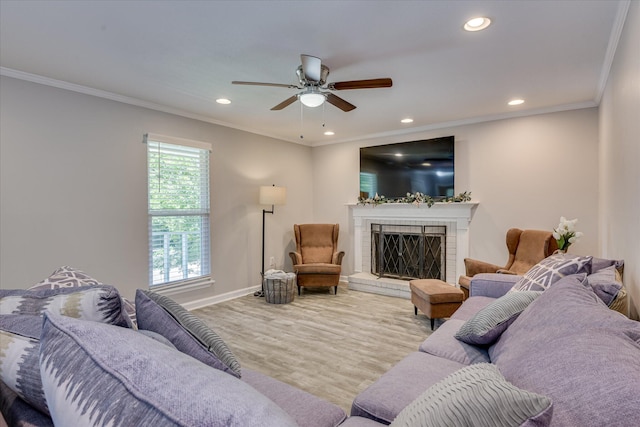 421 Bristol Rd, Martinez, GA 30907 - living area featuring ornamental molding, a fireplace, wood finished floors, ceiling fan, and recessed lighting