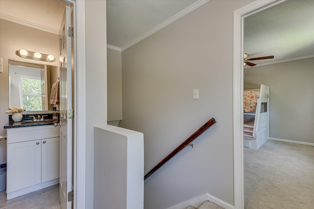 421 Bristol Rd, Martinez, GA 30907 - hallway with an upstairs landing, ornamental molding, and light carpet