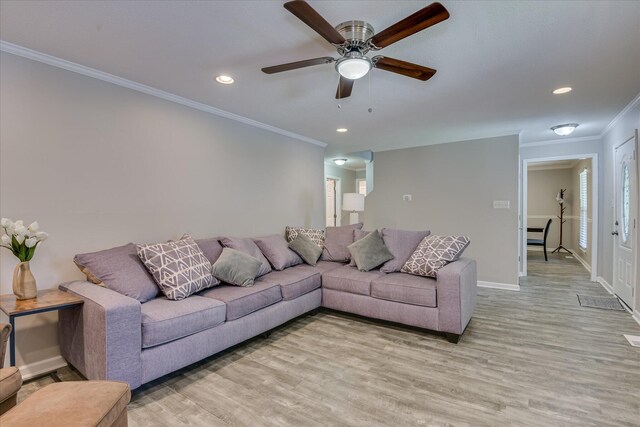 421 Bristol Rd, Martinez, GA 30907 - living area with light wood finished floors, ornamental molding, ceiling fan, and recessed lighting
