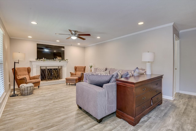 421 Bristol Rd, Martinez, GA 30907 - living room with a ceiling fan, light wood finished floors, recessed lighting, a fireplace, and crown molding