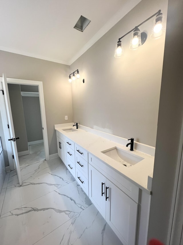 5015 Charnwood Forest Cir, Aiken, SC 29803 - full bathroom featuring double vanity, marble finish flooring, baseboards, and ornamental molding