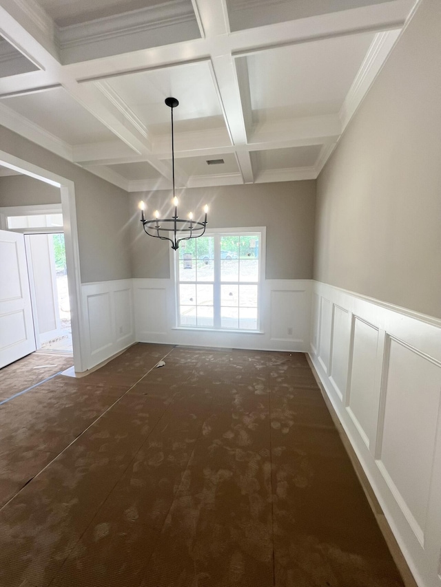 5015 Charnwood Forest Cir, Aiken, SC 29803 - unfurnished dining area with a decorative wall, a chandelier, beam ceiling, coffered ceiling, and a wainscoted wall