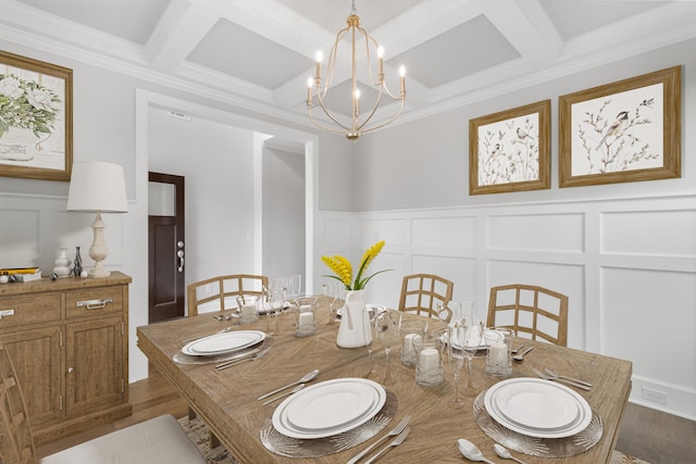 dining area with coffered ceiling, an inviting chandelier, ornamental molding, hardwood / wood-style flooring, and beam ceiling