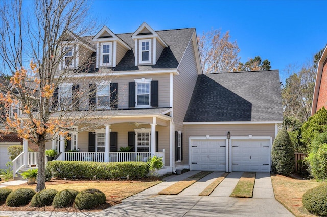 view of front facade featuring a porch, concrete driveway, a shingled roof, and a garage