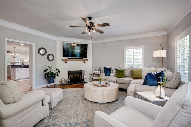 living room featuring wood finished floors, baseboards, a fireplace with raised hearth, ceiling fan with notable chandelier, and ornamental molding