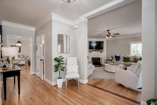 909 Nerium Trl, Evans, GA 30809 - living area with crown molding, ceiling fan, a glass covered fireplace, and light wood-style flooring