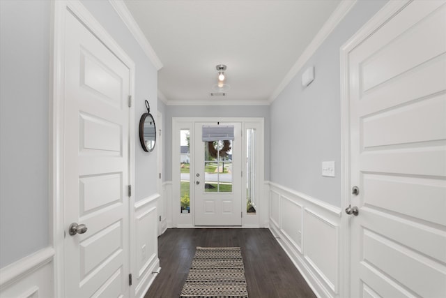 entryway featuring dark hardwood / wood-style flooring and ornamental molding