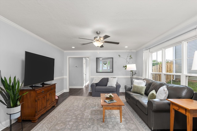 living room with dark hardwood / wood-style floors, ceiling fan, and crown molding