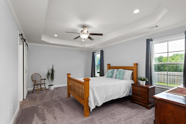 carpeted bedroom with ceiling fan, a raised ceiling, ornamental molding, and multiple windows