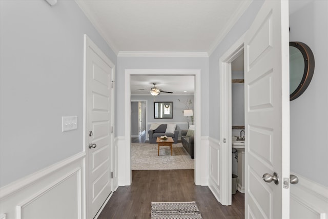 corridor featuring dark hardwood / wood-style floors and ornamental molding