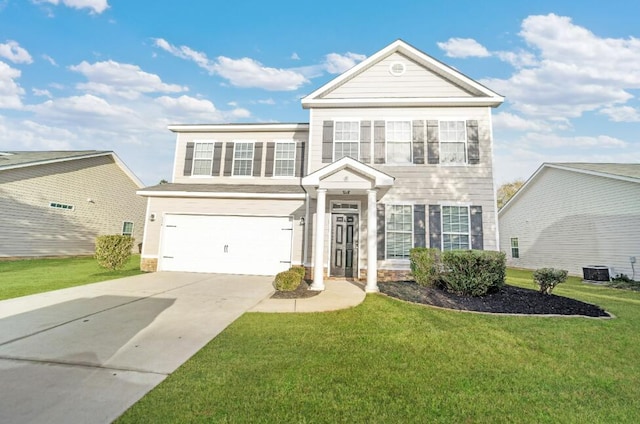 view of front property with central air condition unit, a front lawn, and a garage