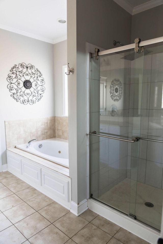 1212 Sumter Landing Ln, Evans, GA 30809 - bathroom with ornamental molding, a stall shower, a bath, and tile patterned flooring