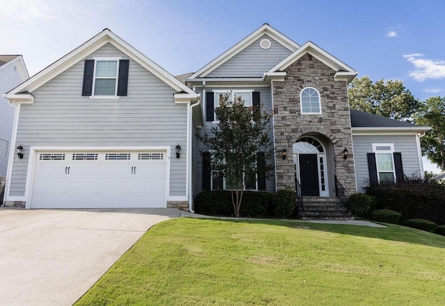 1212 Sumter Landing Ln, Evans, GA 30809 - traditional-style home with stone siding, a front lawn, driveway, and an attached garage