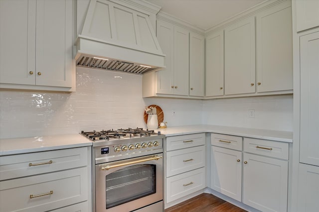 508 Scotts Way, Augusta, GA 30909 - kitchen featuring custom exhaust hood, high end range, light countertops, and backsplash