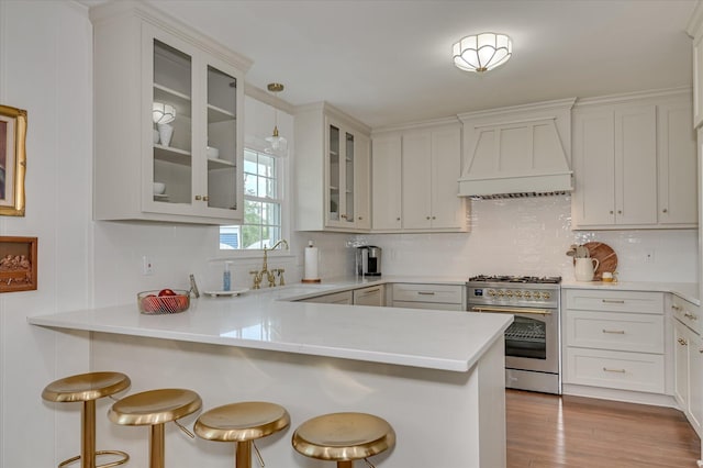 508 Scotts Way, Augusta, GA 30909 - kitchen with high end range, custom range hood, tasteful backsplash, a peninsula, and a breakfast bar area
