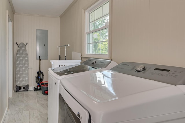 508 Scotts Way, Augusta, GA 30909 - laundry area featuring electric panel, separate washer and dryer, light marble finish floors, and ornamental molding