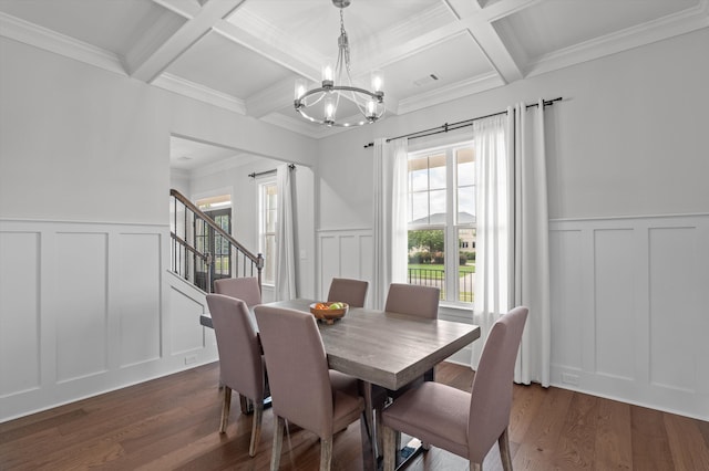 461 Rivernorth Dr, North Augusta, SC 29841 - dining space featuring a decorative wall, dark wood-style floors, a chandelier, coffered ceiling, and beam ceiling