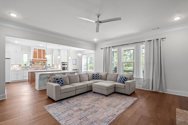 461 Rivernorth Dr, North Augusta, SC 29841 - living area featuring ceiling fan, wood-type flooring, crown molding, and recessed lighting