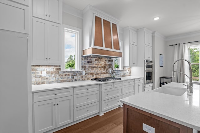 461 Rivernorth Dr, North Augusta, SC 29841 - kitchen featuring appliances with stainless steel finishes, backsplash, crown molding, white cabinetry, and dark wood-style flooring