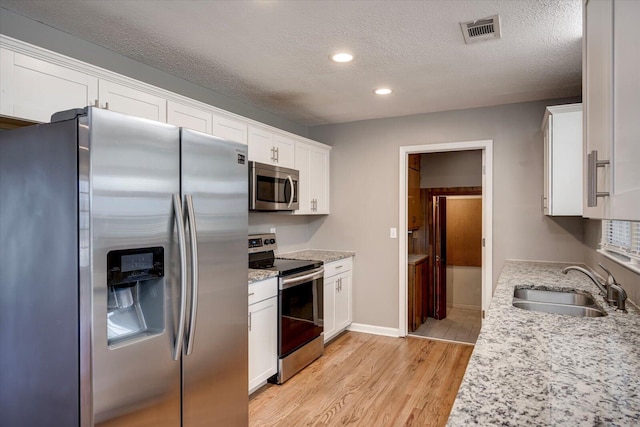 kitchen with visible vents, light wood-type flooring, white cabinets, stainless steel appliances, and a sink