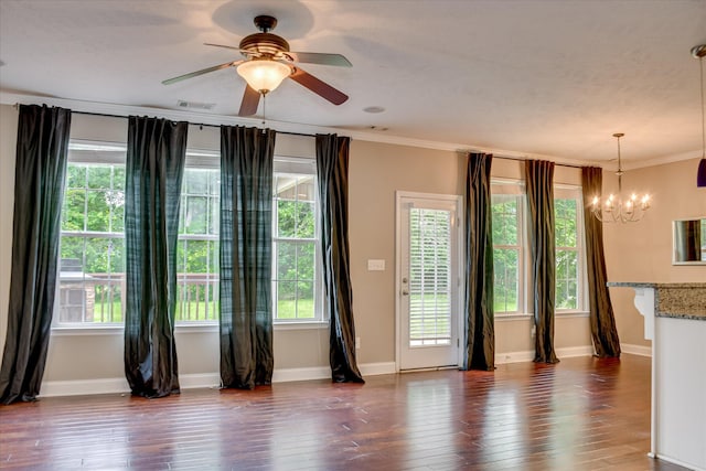 903 Oak Park Loop, Grovetown, GA 30813 - unfurnished room featuring a chandelier, wood finished floors, crown molding, healthy amount of natural light, and ceiling fan