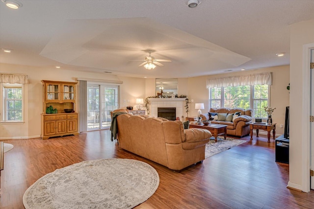 living room with wood-type flooring, a raised ceiling, plenty of natural light, and ceiling fan