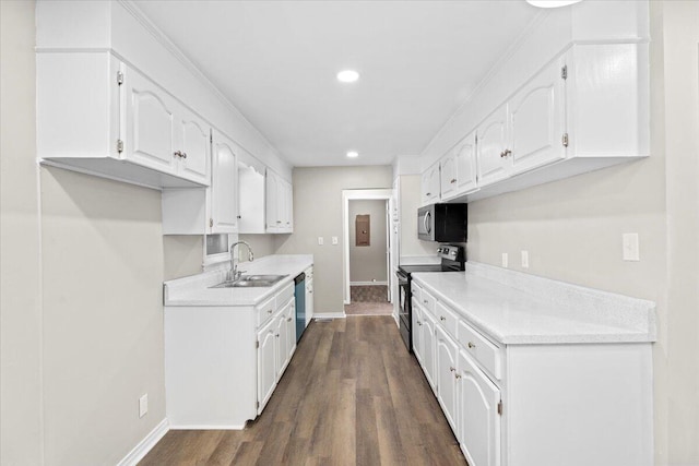 kitchen with dark hardwood / wood-style flooring, sink, white cabinetry, and black appliances