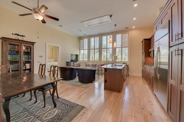 2349 Williams St, Augusta, GA 30904 - home office with attic access, light wood-type flooring, ornamental molding, a sink, and ceiling fan