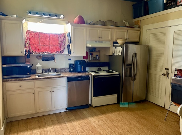 kitchen with under cabinet range hood, light wood finished floors, appliances with stainless steel finishes, and a sink