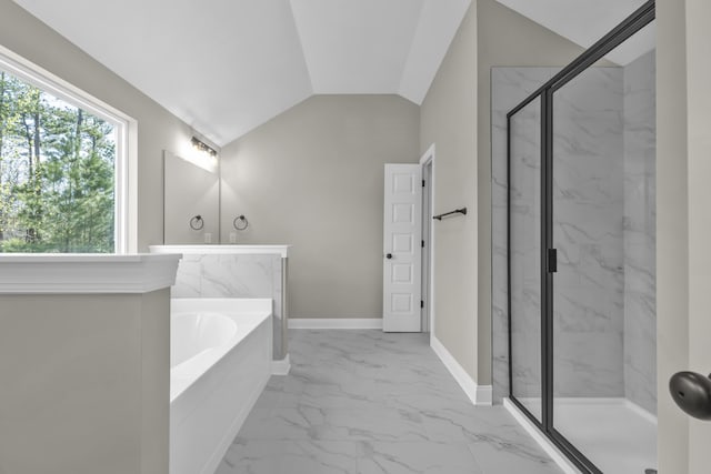 2767 Huntcliffe Dr, Augusta, GA 30909 - full bath with a garden tub, marble finish floor, lofted ceiling, a marble finish shower, and baseboards