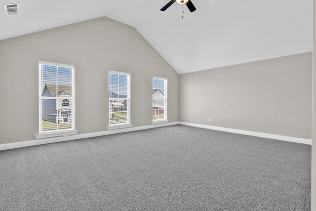 2767 Huntcliffe Dr, Augusta, GA 30909 - empty room featuring baseboards, a ceiling fan, visible vents, high vaulted ceiling, and carpet