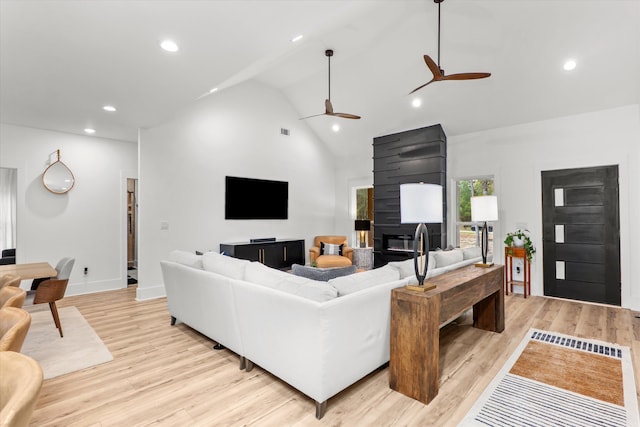 1008 Folly Run Dr, Lincolnton, GA 30817 - living area with a ceiling fan, recessed lighting, light wood-style flooring, and high vaulted ceiling