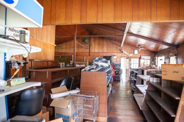 misc room with ceiling fan, wooden walls, wooden ceiling, dark hardwood / wood-style floors, and lofted ceiling