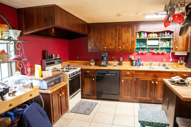 kitchen featuring white gas range, sink, black dishwasher, light tile patterned floors, and exhaust hood