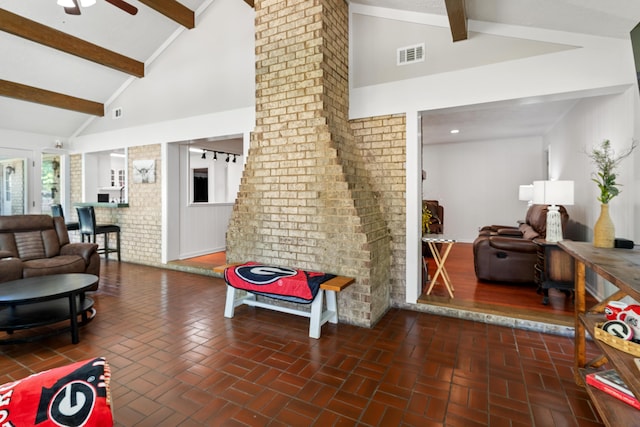4065 S Goshen Lake Dr, Augusta, GA 30906 - living area with high vaulted ceiling, ceiling fan, visible vents, brick floor, and beam ceiling