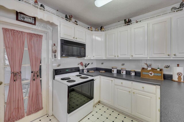 kitchen with white cabinets, electric stove, a textured ceiling, and tasteful backsplash