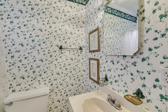 bathroom with sink, toilet, and ornamental molding