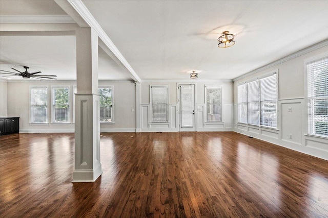 304 Ash Ct, Evans, GA 30809 - unfurnished living room with a ceiling fan, ornamental molding, and wood finished floors