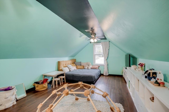 bedroom with ceiling fan, hardwood / wood-style flooring, visible vents, baseboards, and vaulted ceiling