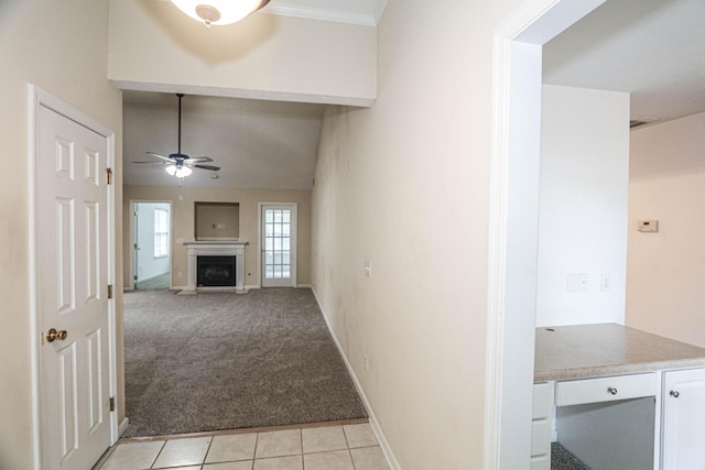 944 Cannock St, Grovetown, GA 30813 - unfurnished living room with a ceiling fan, light tile patterned floors, light carpet, and a fireplace