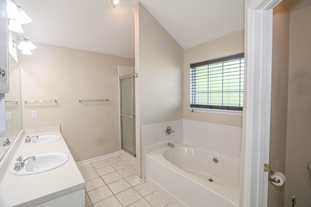 944 Cannock St, Grovetown, GA 30813 - bathroom with tile patterned flooring, a garden tub, double vanity, and a shower stall