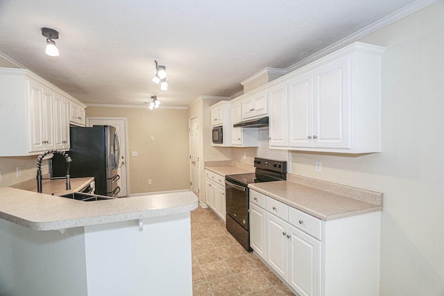 944 Cannock St, Grovetown, GA 30813 - kitchen with black appliances, under cabinet range hood, light countertops, a peninsula, and ornamental molding